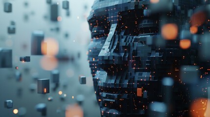 A voxel-based human head, futuristic and geometric, stands out in tech marketing materials, 4k