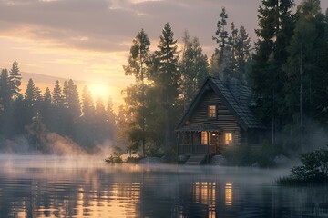 Fototapeta premium AI generated illustration of a house near water on a foggy morning, its windows illuminated