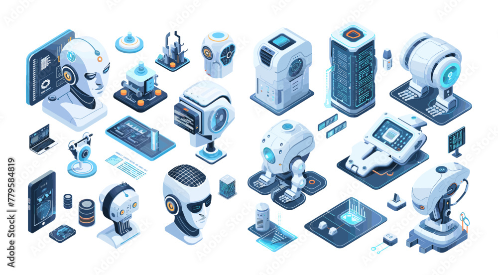 Aufkleber artificial intelligence isometric vector set. synthetic mind consciousness big data servers storage 