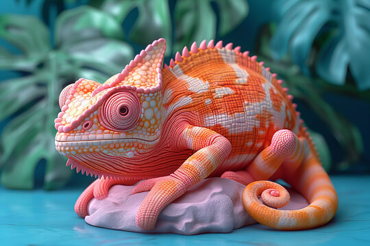 3D minimalist soft plastic Chameleon in pink and orange, designed,