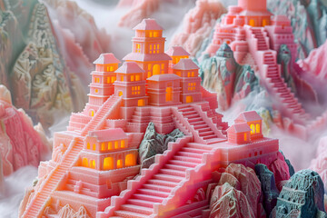 3D minimalist soft plastic Machu Picchu in pink and orange, designed, - obrazy, fototapety, plakaty