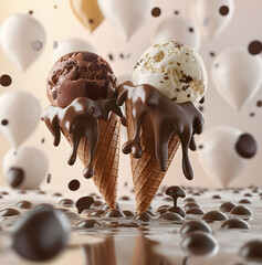 Two ice cream cones with chocolate drizzle on top. The image has a playful and fun mood, as the ice cream cones are arranged in a way that makes them look like they are hugging each other