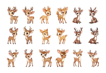 Baby deer cartoon vector set. Cute big eyes horns spotted artiodactyla animal forest herbivorous creature cute little different angles character, illustrations isolated on white background