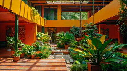 Fototapeta na wymiar the walkway in this indoor courtyard is decorated with plants and potted plants