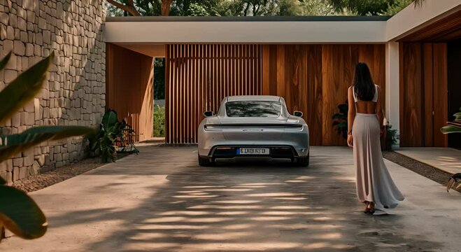 An elegant woman in a white dress walks towards the Porsche, a wooden slatted gate in front of the car