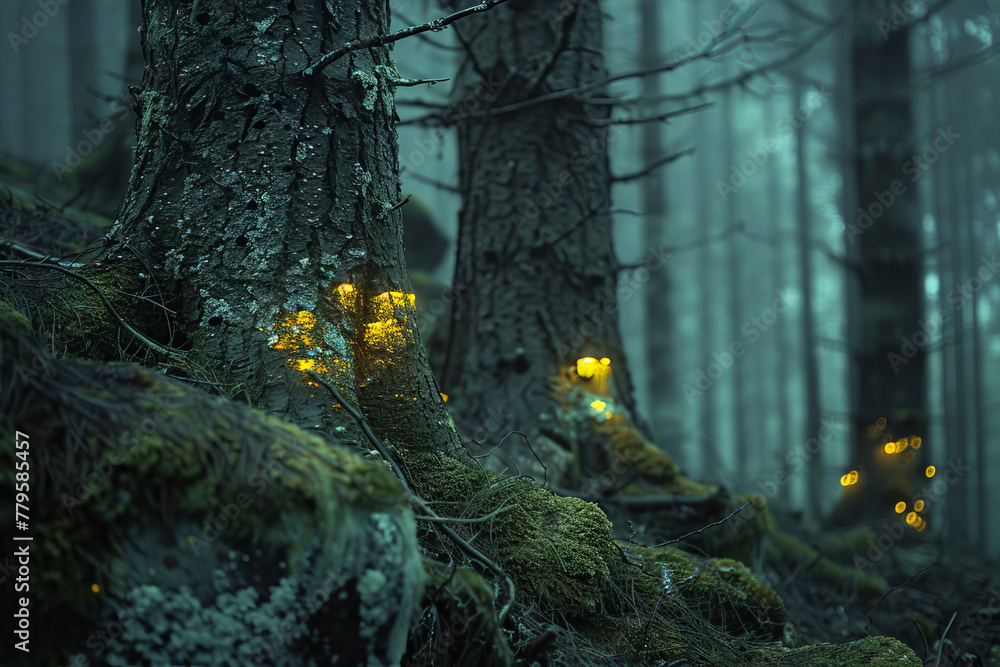 Poster moss that glows softly at night, illuminating ancient forest scripts on the trunks of trees.