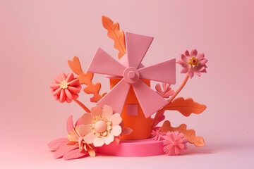 Fototapeta na wymiar 3D minimalist soft plastic windmill in pink and orange, designed,