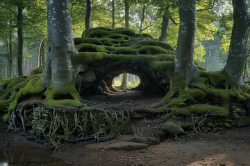 A tree whose roots extend above ground, forming natural shelters and intricate mazes for forest dwel