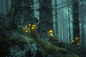 Moss that glows softly at night, illuminating ancient forest scripts on the trunks of trees.