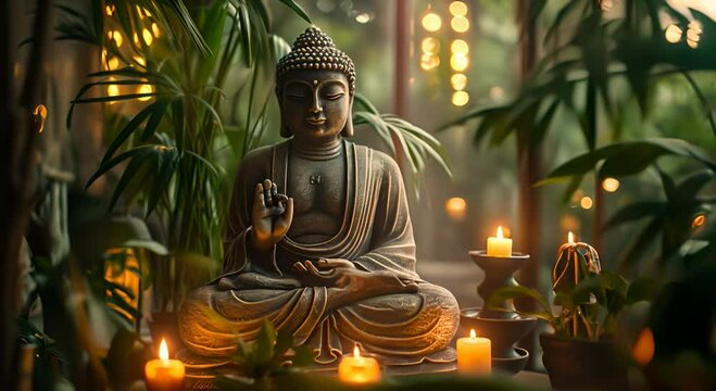 A serene Buddha statue depicted in meditation pose, surrounded by soft candlelight and potted plants, creates an atmosphere of tranquility and mindfulness for a spiritual