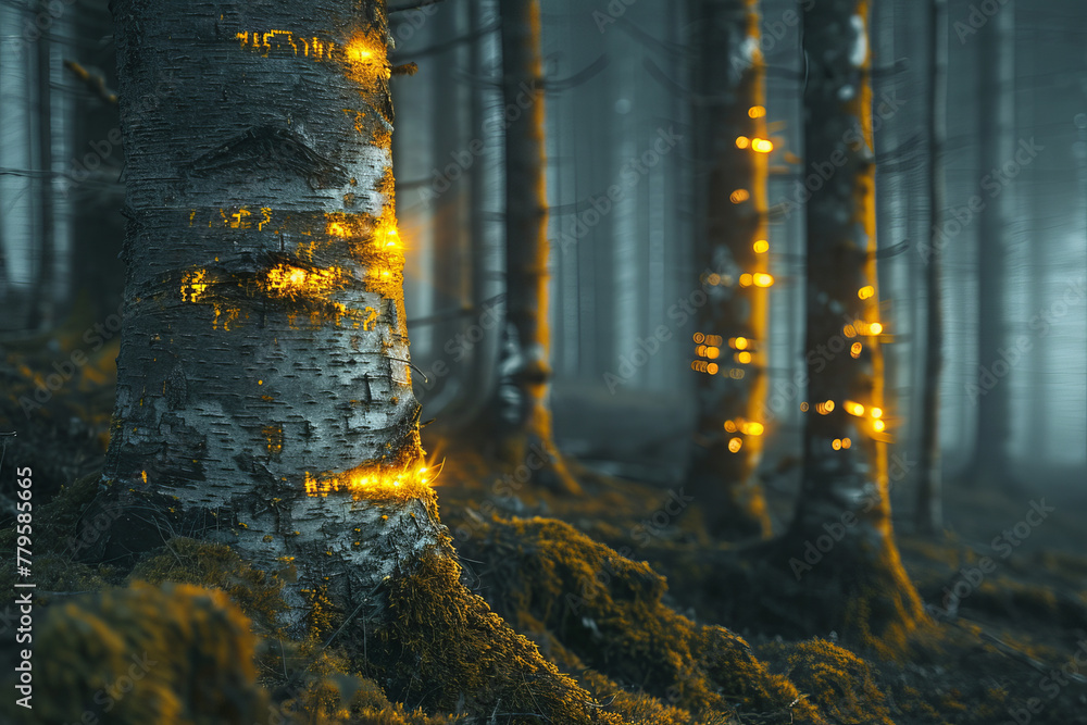 Poster moss that glows softly at night, illuminating ancient forest scripts on the trunks of trees.