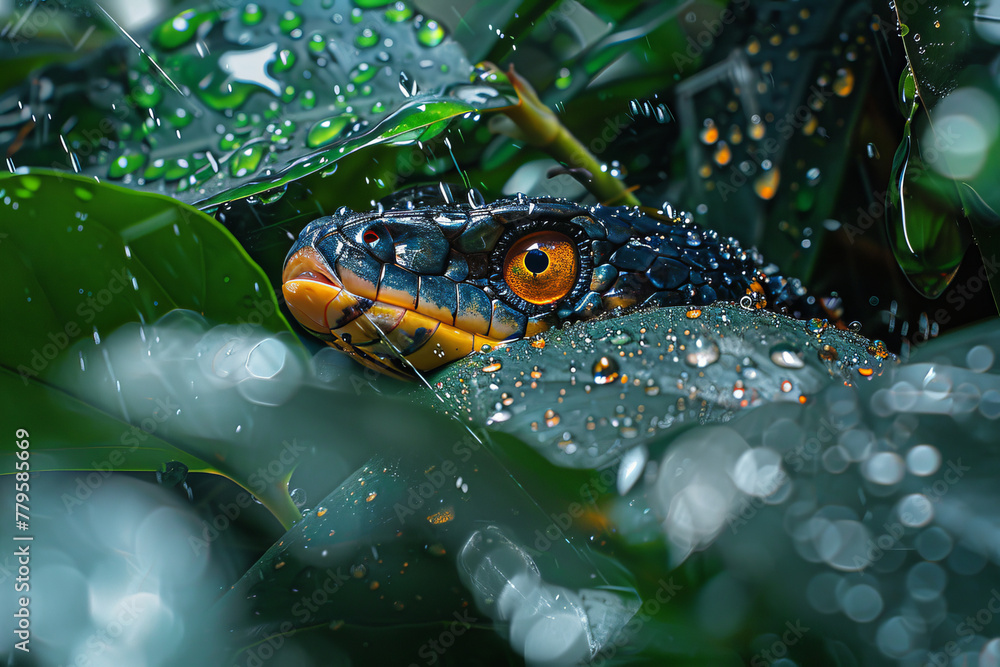 Poster An invisible snake that can only be seen through its reflection in the raindrops that cover the leav