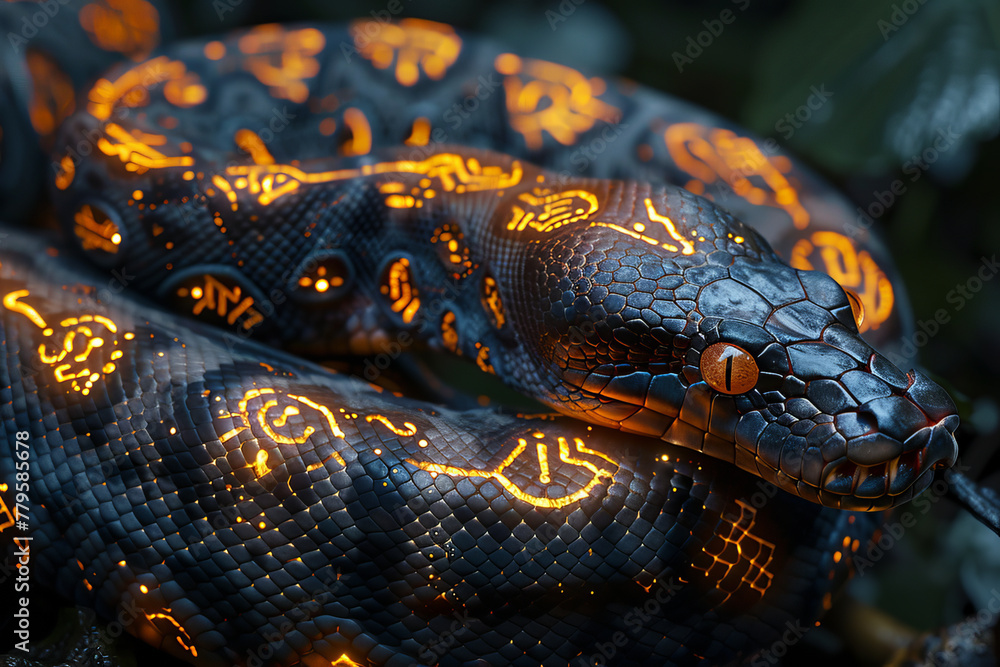 Aufkleber A python adorned with runes that glow during the full moon, telling stories of the ancient forest sp