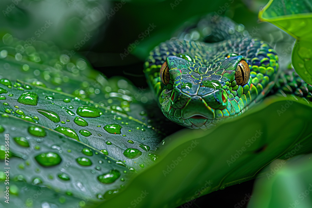 Poster an invisible snake that can only be seen through its reflection in the raindrops that cover the leav