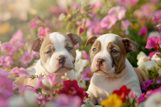 Adorables cachorros de pitbull entre flores en primavera.