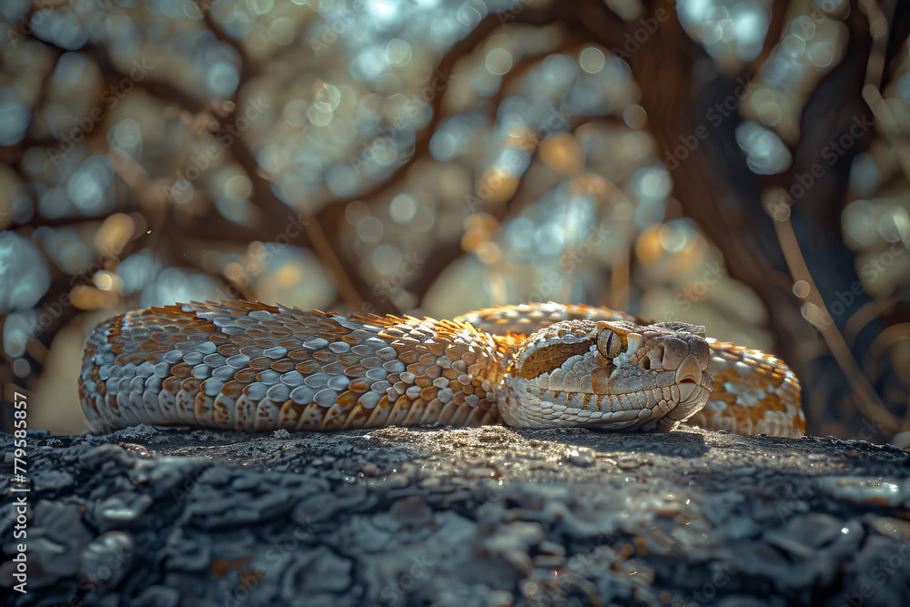 Poster A rattlesnake with a tail that rings like crystal chimes, echoing through the trees and creating mus