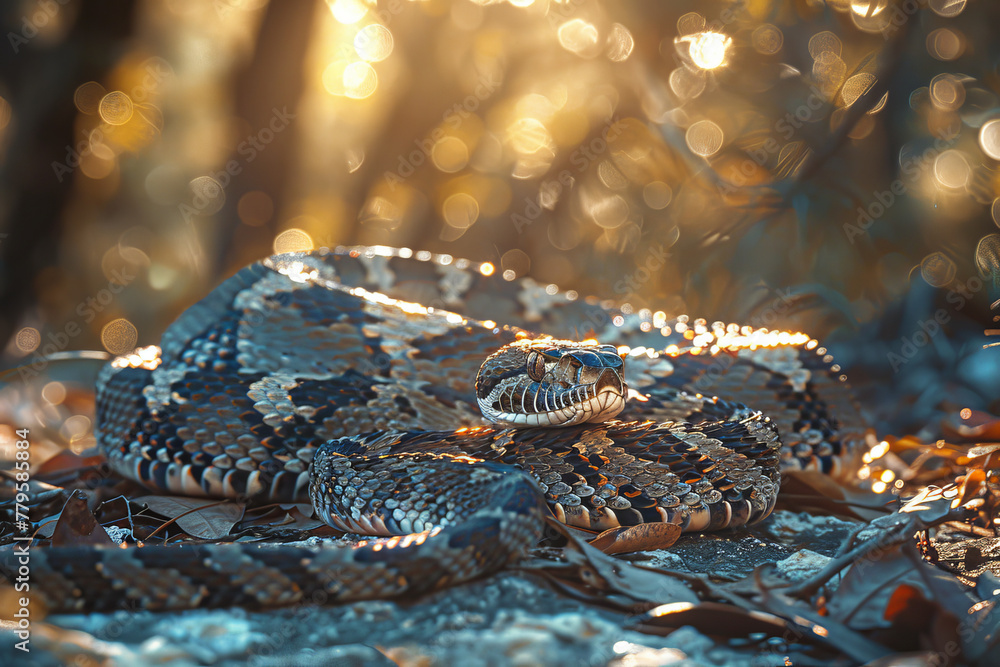 Poster A rattlesnake with a tail that rings like crystal chimes, echoing through the trees and creating mus