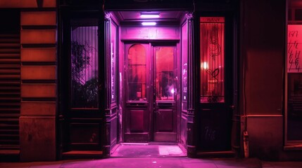 AI-generated illustration of an exterior of a hotel entrance illuminated by a purple light - obrazy, fototapety, plakaty