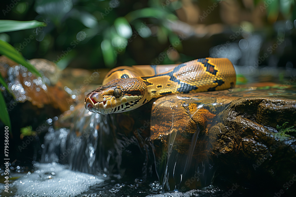 Poster a boa constrictor with a body of flowing water, hydrating the rainforest with each slithering moveme