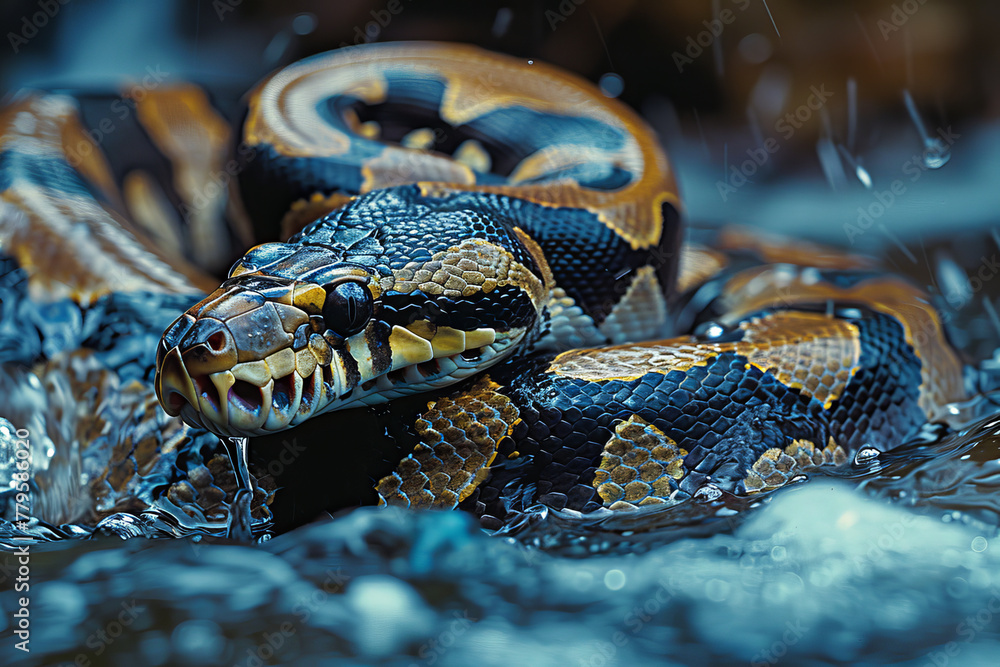 Poster a boa constrictor with a body of flowing water, hydrating the rainforest with each slithering moveme