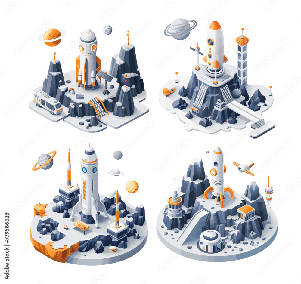 Aufkleber interplanetary rocket launch isometric vector set. space base carrier shuttle launch rocks stones as