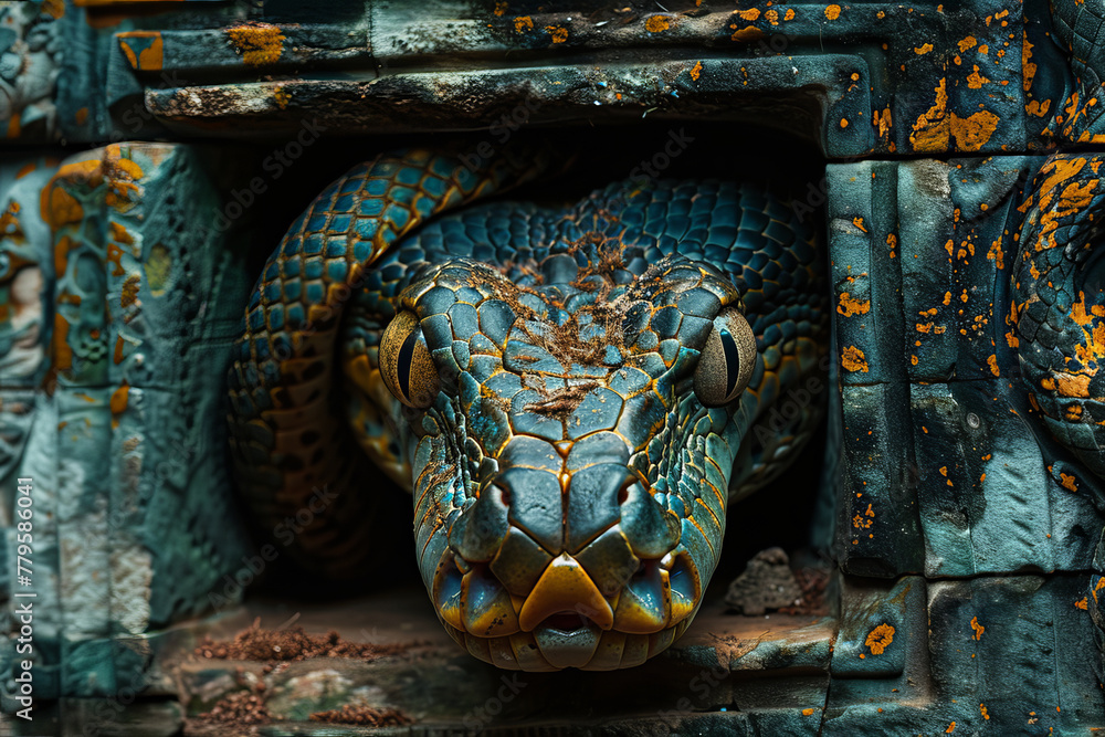 Poster a tree python entwined around ancient ruins, its eyes windows to lost civilizations.