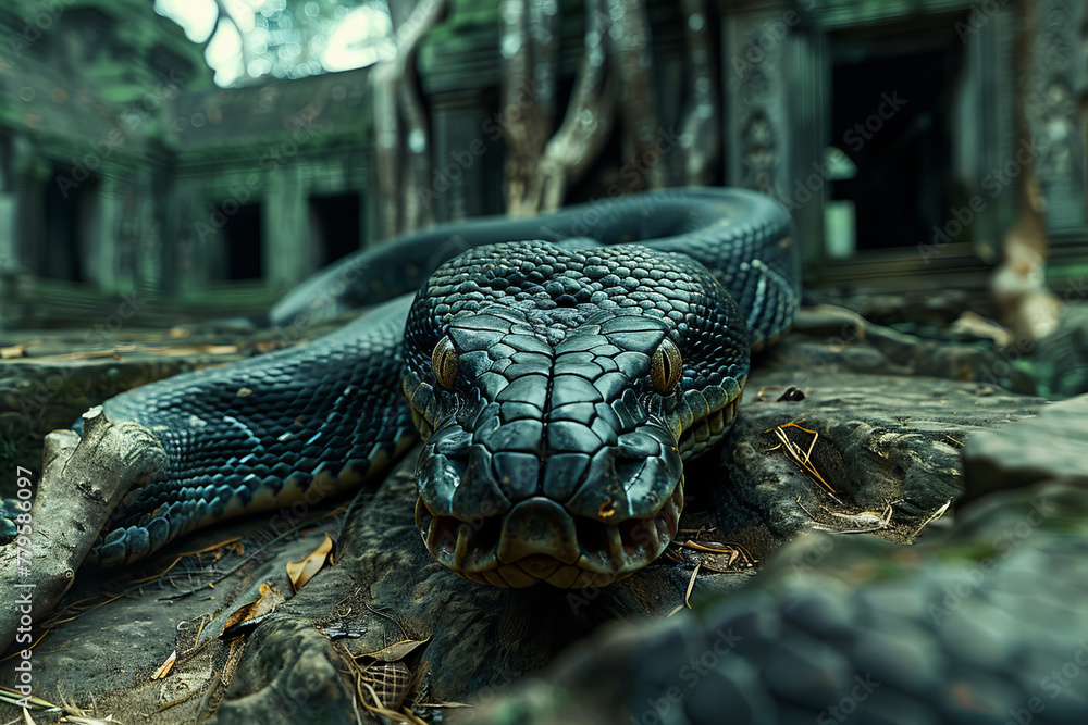 Poster a tree python entwined around ancient ruins, its eyes windows to lost civilizations.