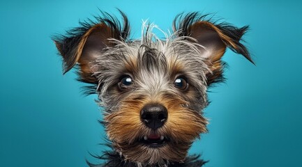 AI-generated Yorkshire Terrier standing against a blue background - obrazy, fototapety, plakaty