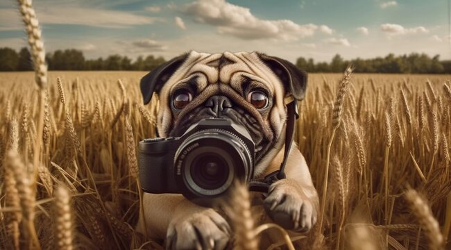 AI-generated illustration of a pug taking a picture in a wheat field