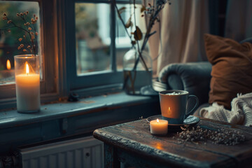 Candles illuminated on table by window, hygge concept,