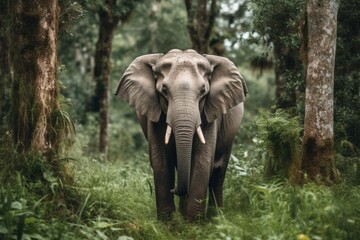 Fototapeta premium photograph of A gray elephant stands calmly amidst the lush green forest. 
