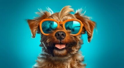 AI-generated illustration of a small brown dog wearing orange sunglasses