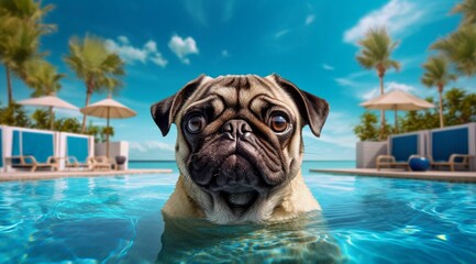 AI-generated illustration of a pug lying in an outdoor pool - obrazy, fototapety, plakaty