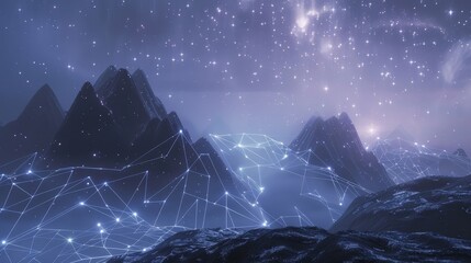 Misty mountains under a galaxy-inspired color scheme, brought to life by futuristic glowing technology lines - obrazy, fototapety, plakaty