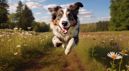 AI-generated illustration of an Australian Shepherd jumping in a lush field with white flowers
