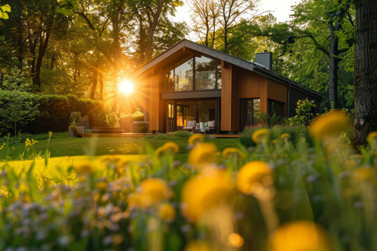 A Backyard House At Sunrise, Sun Rising Behind It, Hygge Concept