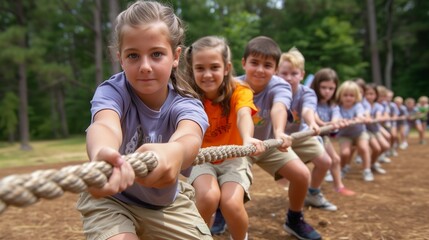 AI generated illustration of a group of children working together in a tug-of-war game