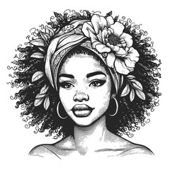 serene young woman adorned floral headdress, grace and natural beauty sketch engraving generative ai fictional character raster illustration. Scratch board imitation. Black and white image.