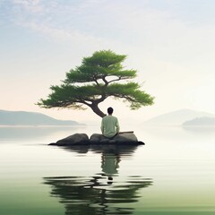 AI generated illustration of a mature man meditating on a large rock near a calm lake