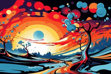 AI generated illustration of a vibrant and colorful landscape painting with planets and trees