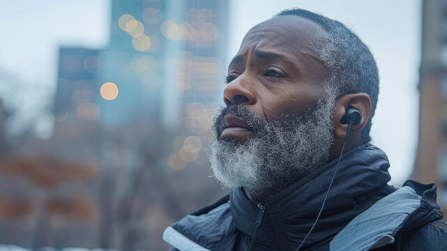 A man in his sixties, African American, with a beard, wearing earphones - Powered by Adobe