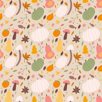 Comida de otoño, frutas y verduras de temporada. Cocina, calabazas, verduras, setas,mushrooms. Lindo estilo de dibujos animados. pattern, Ilustración común.