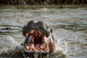 an open hippo mouth and its teeth wide open in the water