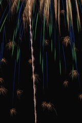 Vertical shot of vibrant, colorful fireworks exploding in the darkness at night