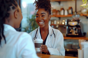 Young woman in a white medical overcoat buying takeaway coffee at a coffee shop, AI-generated. - obrazy, fototapety, plakaty
