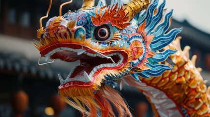 Fototapeta premium Closeup of a gold dragon statue with red and green details and white sharp teeth at a temple with gold details