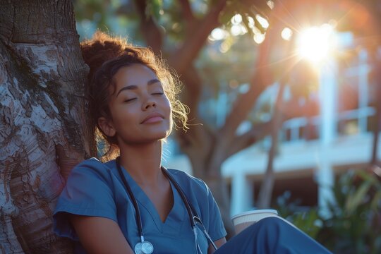 Female Healthcare Worker Relaxing Beneath A Tree, AI-generated.