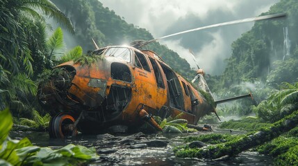 AI generated illustration of a helicopter grounded in lush jungle foliage - obrazy, fototapety, plakaty