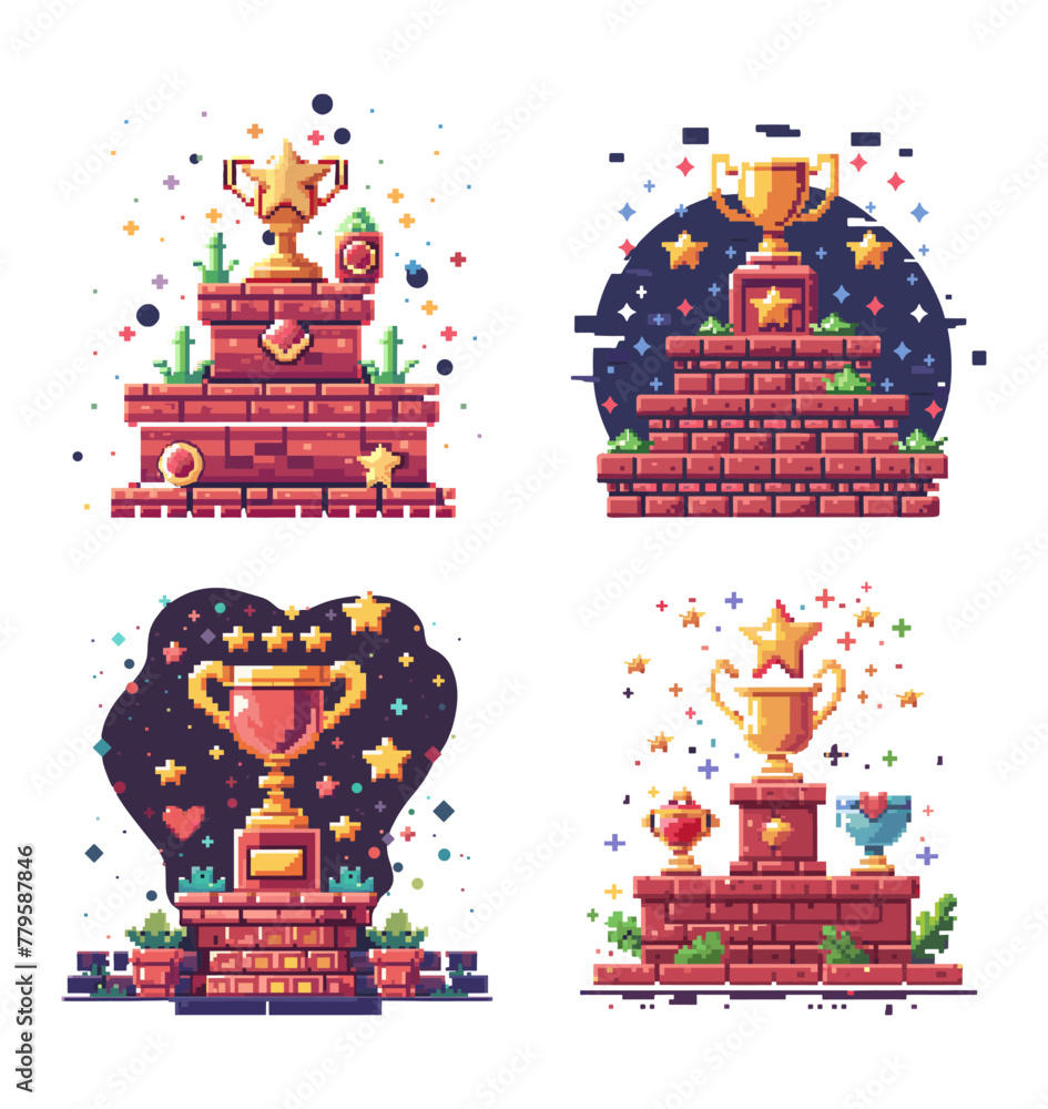 Sticker Level achievement pixel art vector concepts. 8 bits cup stars pedestal competition winner trophy ranking win game illustrations isolated on white background