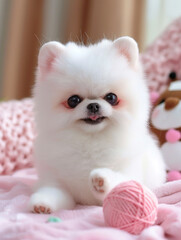 Cute Pomeranian puppy sitting on the sofa in the room. AI.
